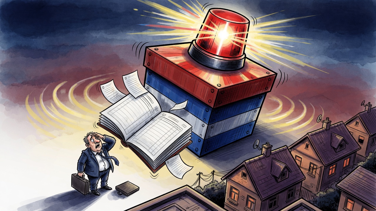 Editorial cartoon of a giant ballot box shaped like a police siren towering over Surrey while a politician drops an accountability ledger