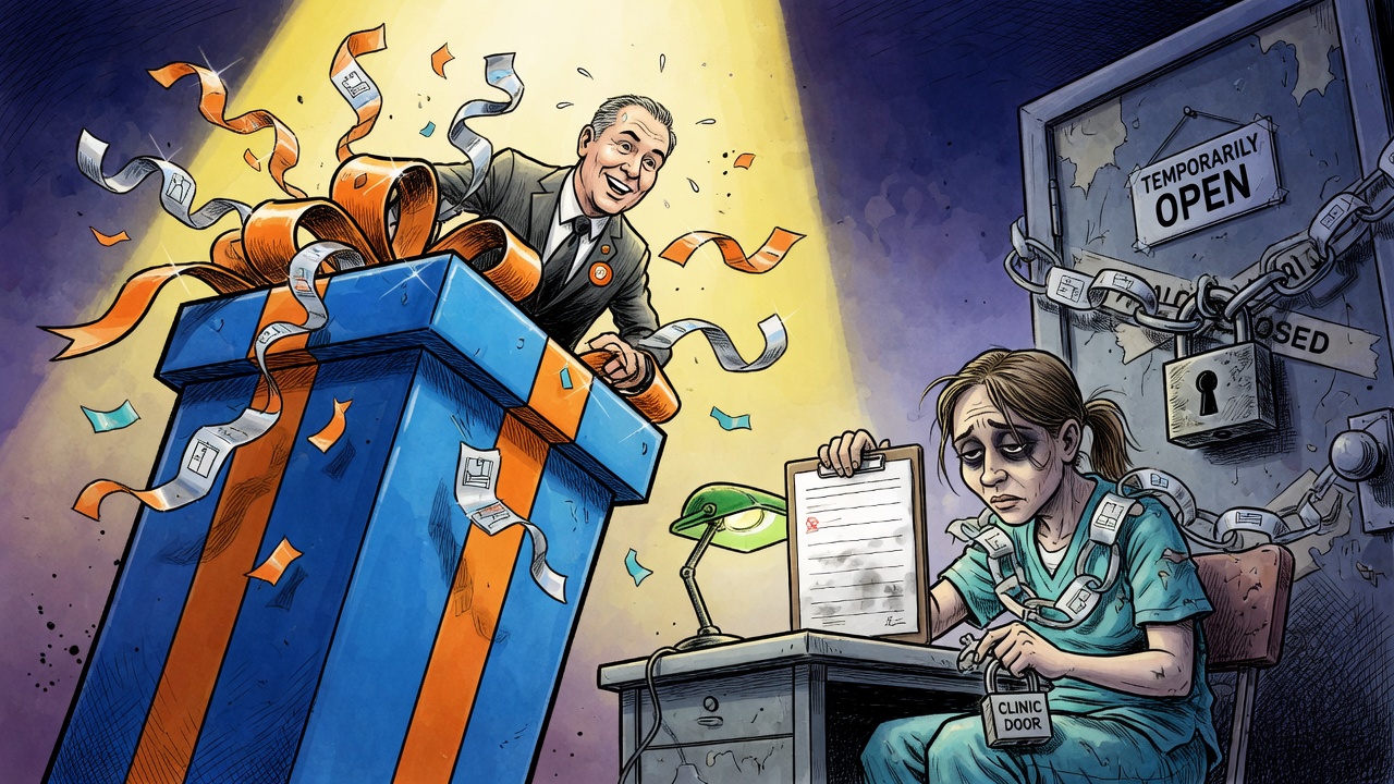 Editorial cartoon of shiny clinic-ribbon promises beside a weary health worker holding an empty staffing roster near a locked clinic door