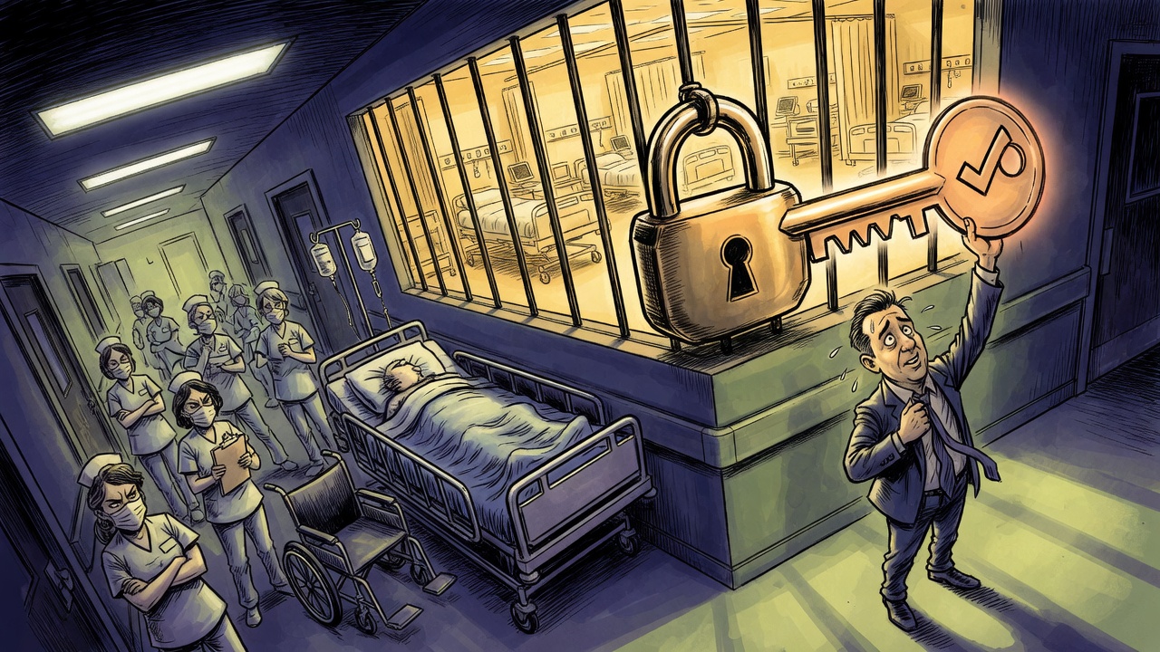 Editorial cartoon of a crowded hospital corridor below a locked empty ward as a premier figure offers an election key