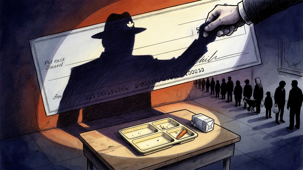 Editorial cartoon of an empty school lunch tray overshadowed by government ceremony