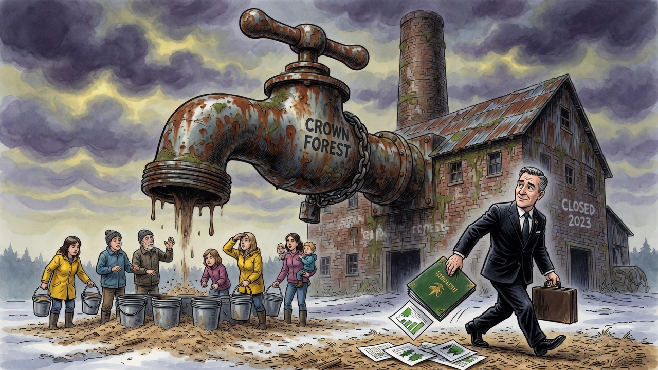 Editorial cartoon of a shuttered pulp mill becoming a locked water tap above a mill town