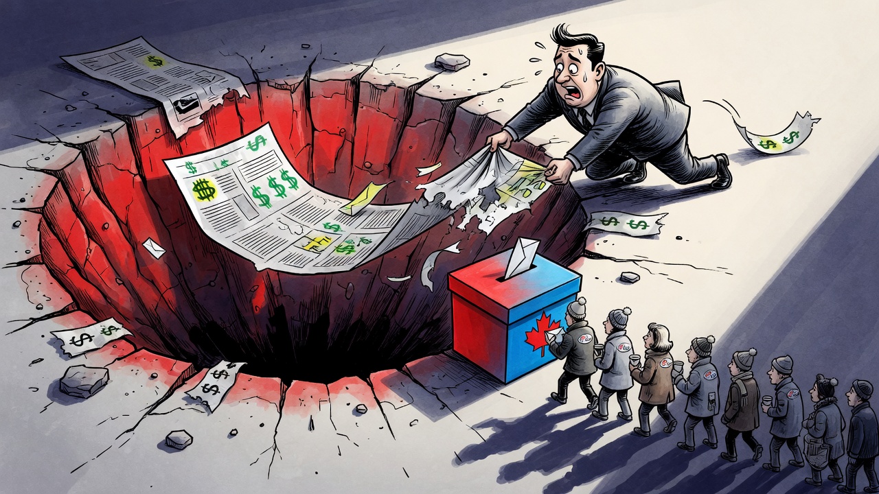 Editorial cartoon of voters approaching a ballot box beside a red-ink budget crater