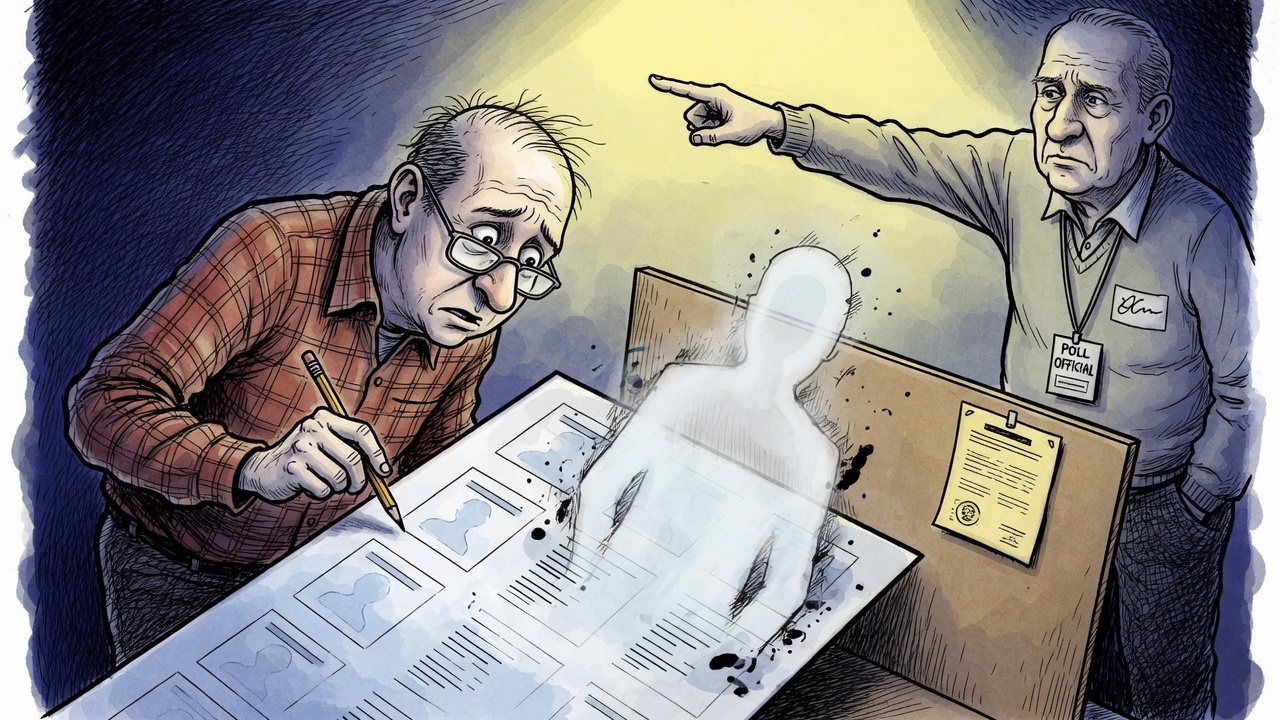 Editorial cartoon of a voter inspecting a ballot where a withdrawn candidate appears like a ghostly silhouette