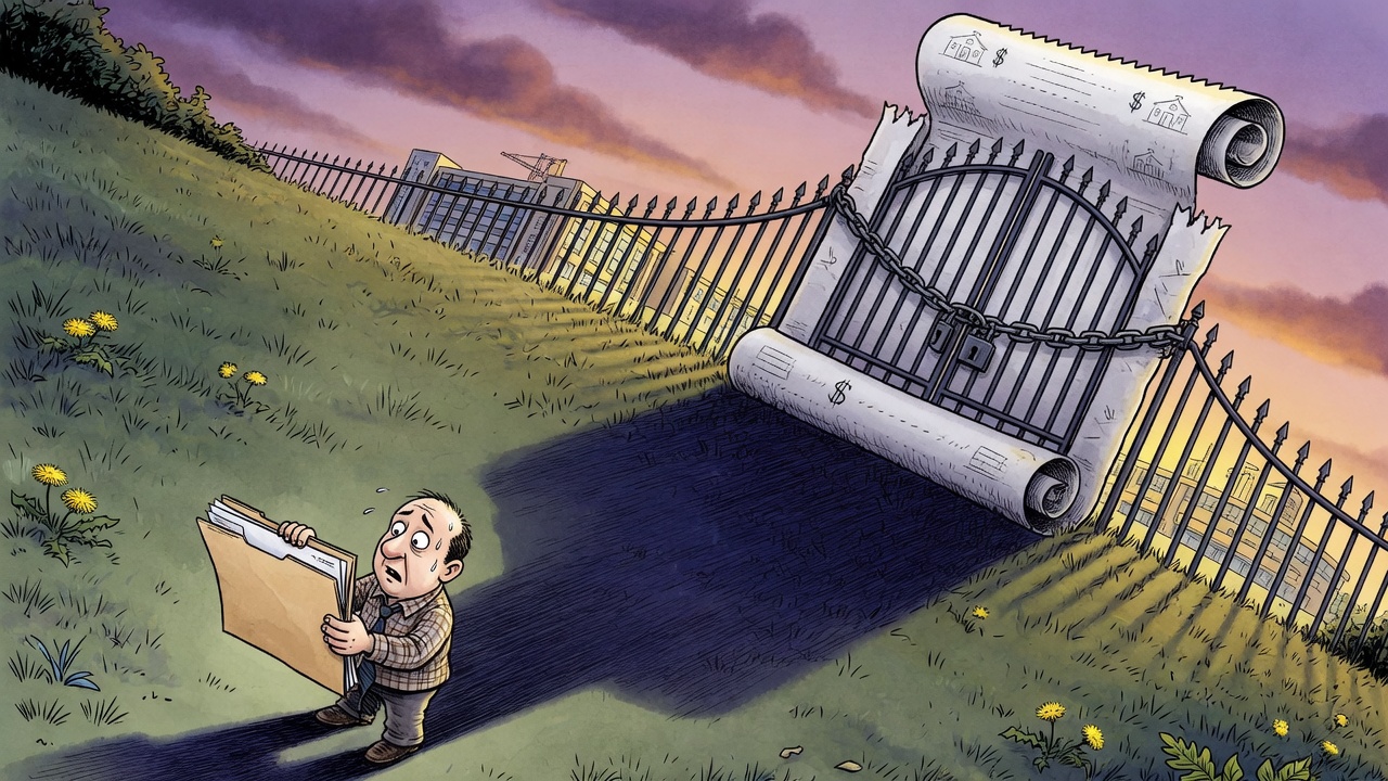 Editorial cartoon of a taxpayer facing an oversized school-site receipt gate casting a shadow over a steep hillside lot