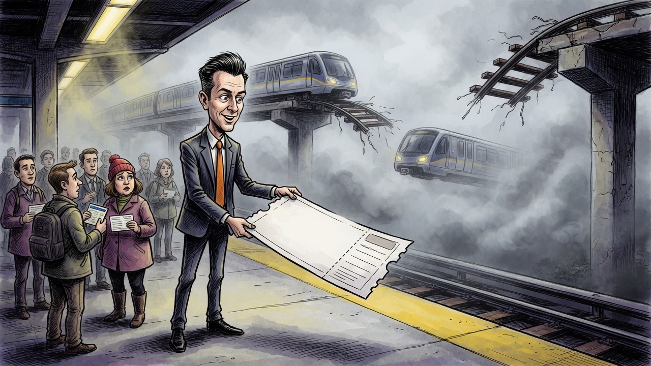 Editorial cartoon of a politician handing voters a blank transit ticket beside SkyTrain rails ending in fog