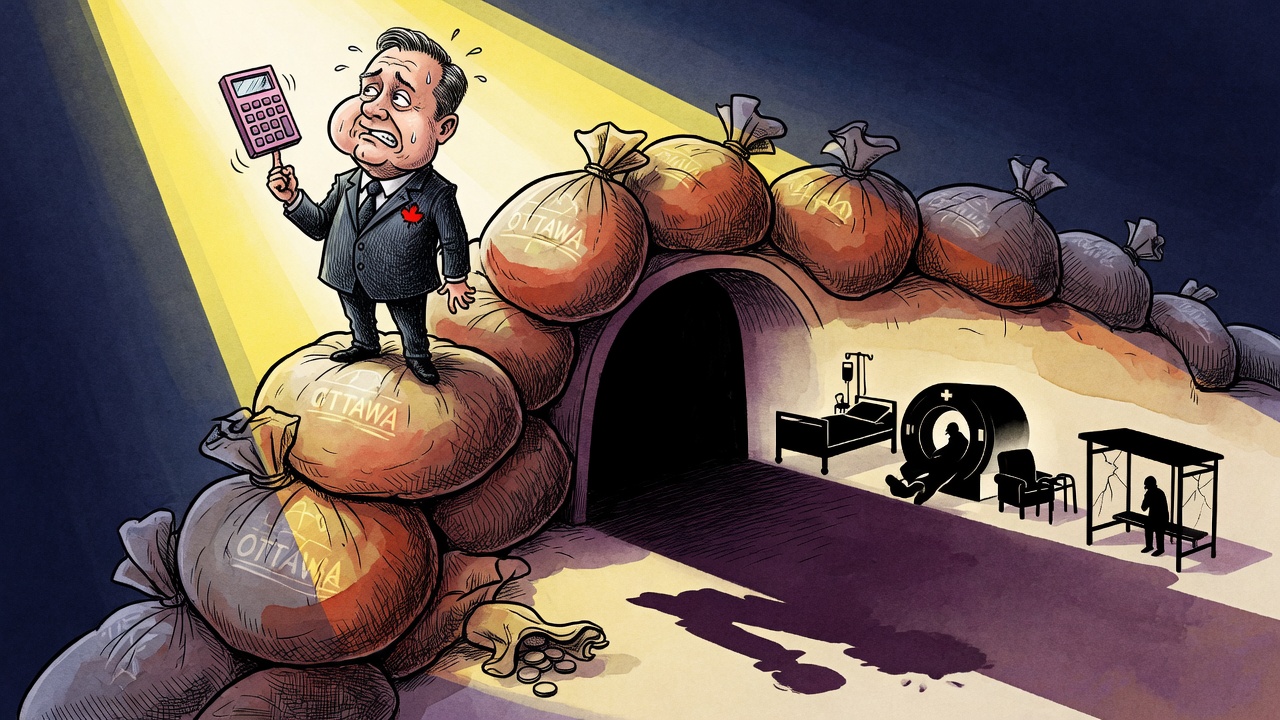 Editorial cartoon of a premier balancing on federal money bags shaped like a tunnel while health and transit symbols sit in shadow
