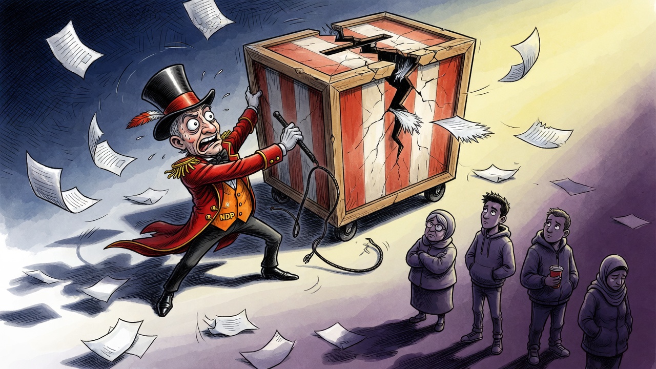 Editorial cartoon of a snap-election ringmaster losing control of a cracked ballot box as voters watch