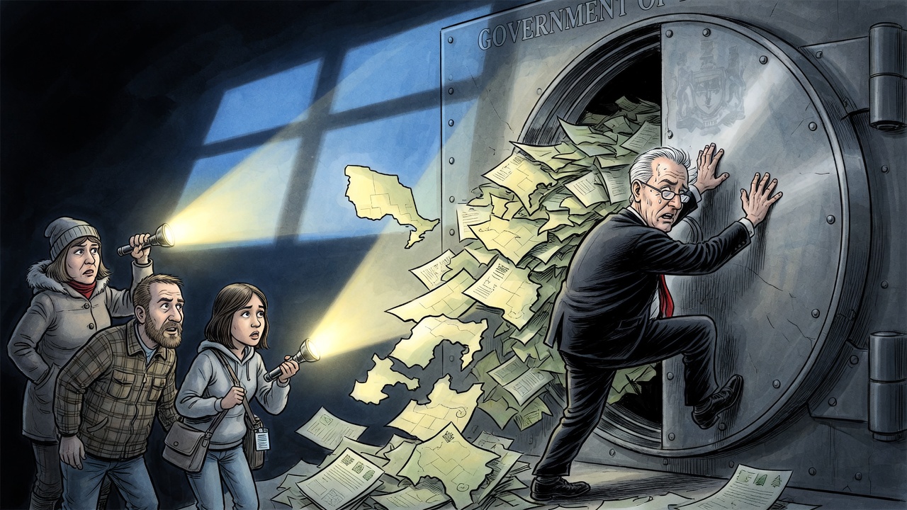 Editorial cartoon of a worried premier trying to hold shut a government vault as blank map parcels and forestry papers spill toward voters with flashlights