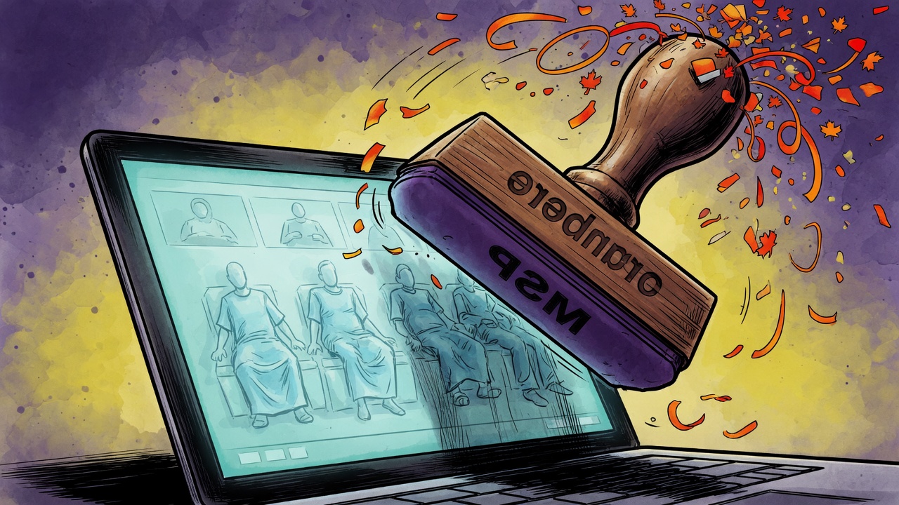 Editorial cartoon of a giant bureaucratic stamp pressing down on a telehealth laptop screen filled with patient silhouettes
