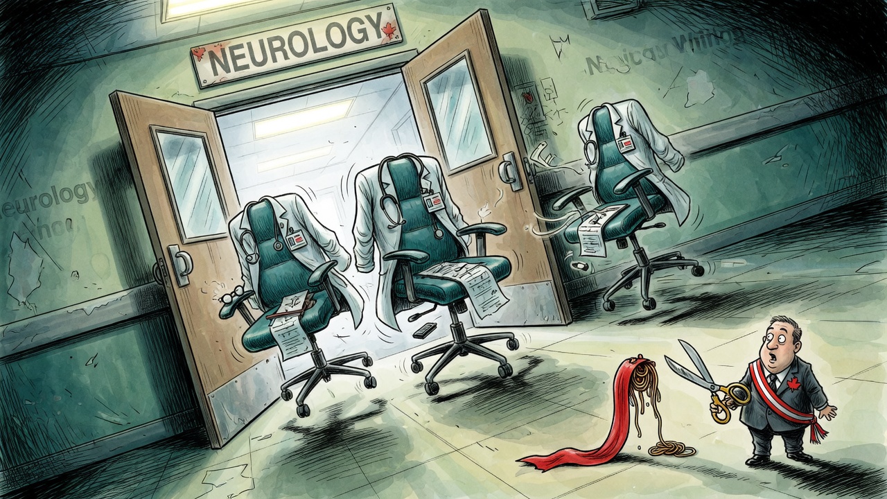 Editorial cartoon of empty specialist chairs rolling away from a hospital corridor while a politician holds ceremonial scissors beside a cut ribbon