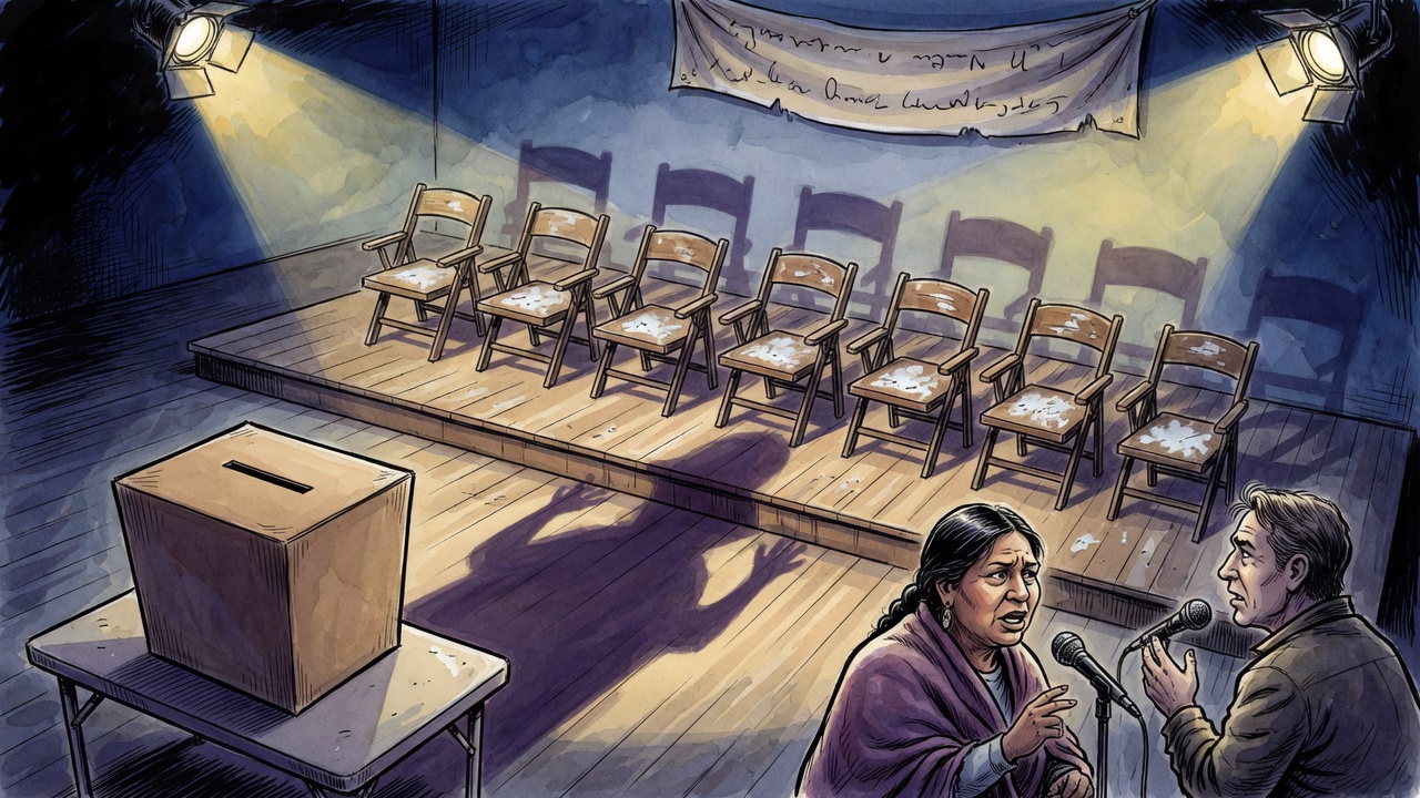 Editorial cartoon of a dim community forum stage with many empty candidate chairs and a ballot box in the foreground