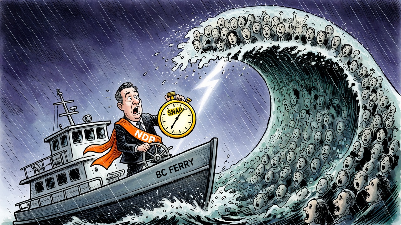 Editorial cartoon of a provincial campaign leader steering a storm-tossed ferry toward a wave of voter silhouettes