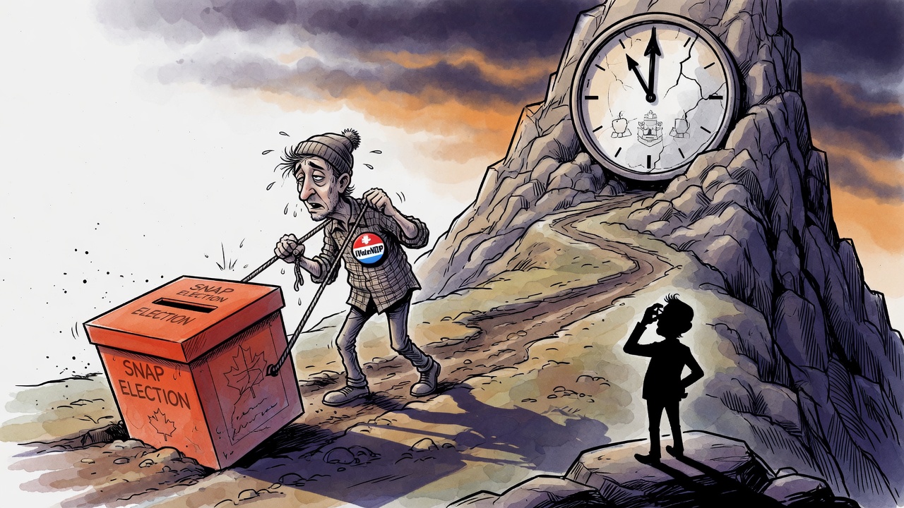 Editorial cartoon of a tired voter dragging a heavy ballot box uphill toward a looming clock