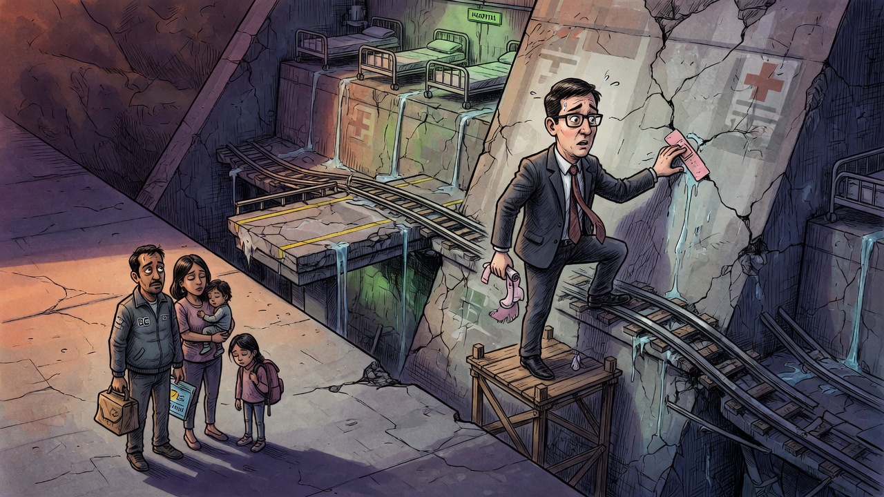 Editorial cartoon of a Surrey family facing a cracked wall of delayed infrastructure while a politician offers a tiny repair patch
