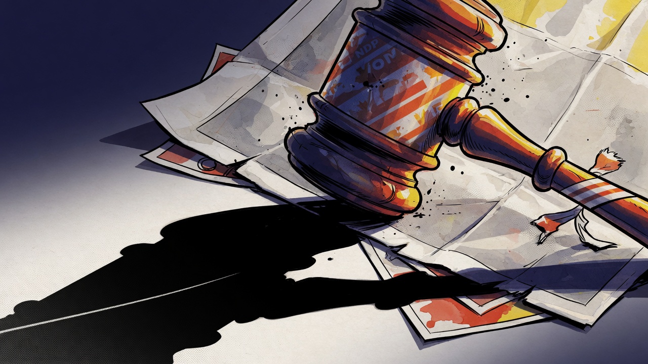 Editorial cartoon of an oversized campaign flyer shaped like a gavel casting a dark shadow over small papers