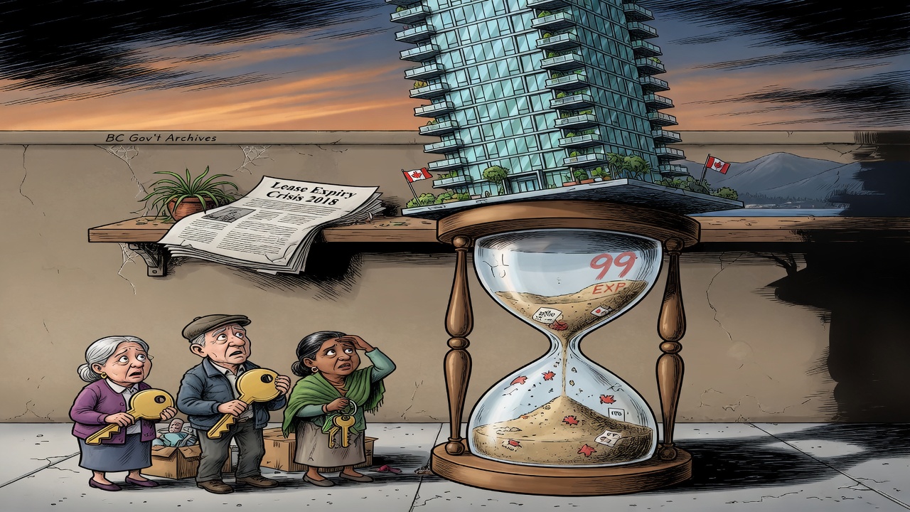 Editorial cartoon of condo towers balanced on an hourglass shaped like an expiring lease while anxious residents hold keys below