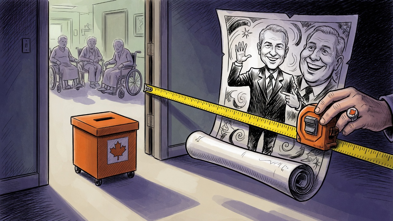 Editorial cartoon of a seniors-home doorway where a ballot box is separated from campaign material by a measuring-tape barrier