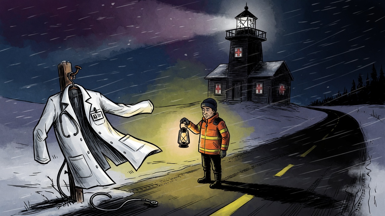 Editorial cartoon of a dark northern hospital as a lighthouse without a beam while an empty doctor coat and lantern symbolize rural emergency-care staffing gaps