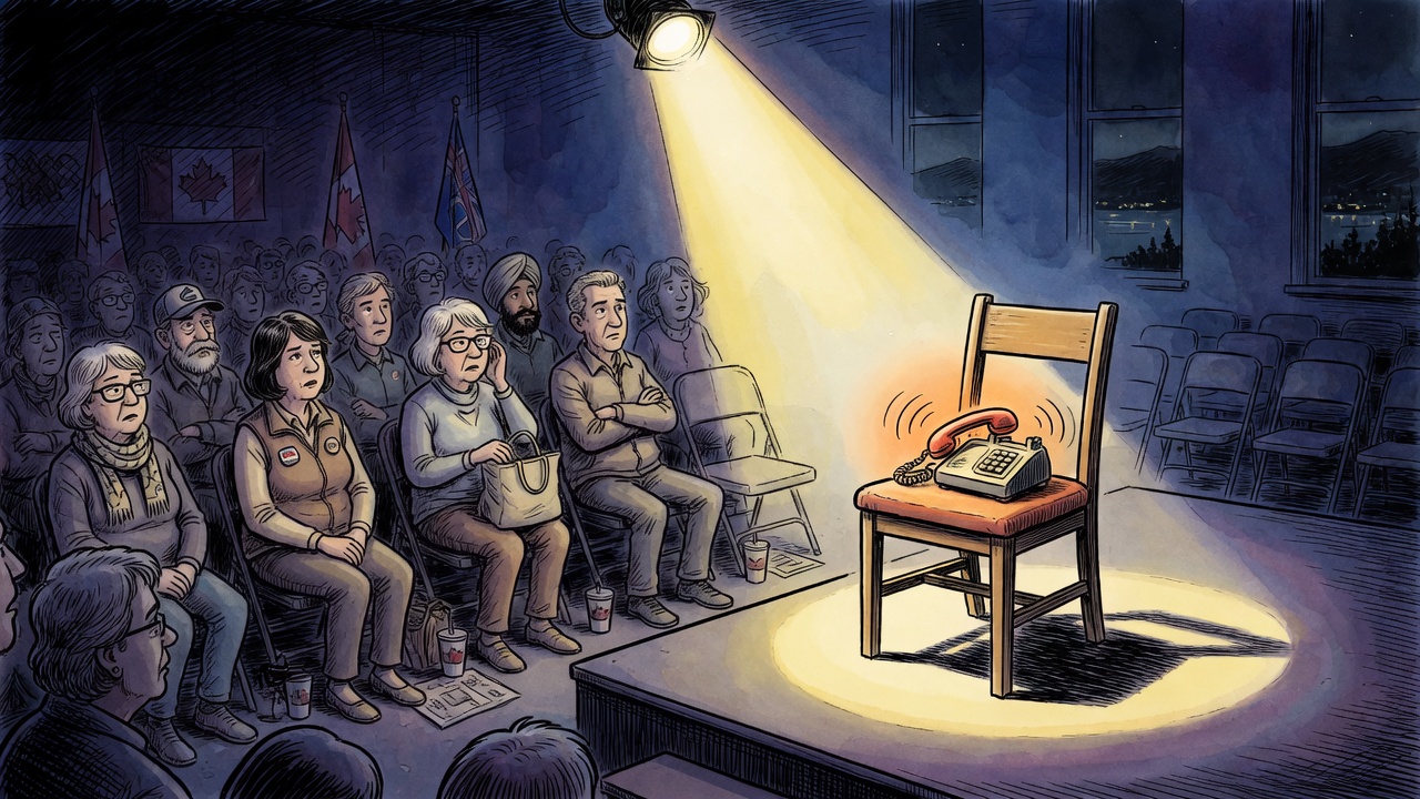 Editorial cartoon of an empty debate chair under a spotlight with voters watching and a silent phone on the seat