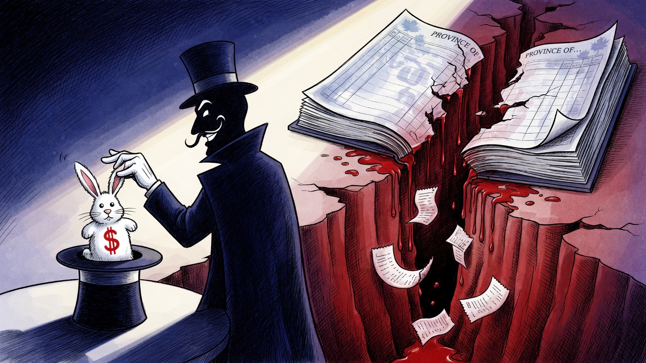 Editorial cartoon of a campaign magician trying to conjure a small answer beside a deep red-ink budget canyon
