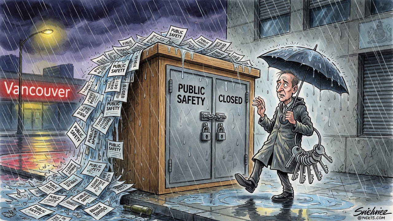 Editorial cartoon of a rainy Vancouver ballot box overflowing beside closed treatment facility doors