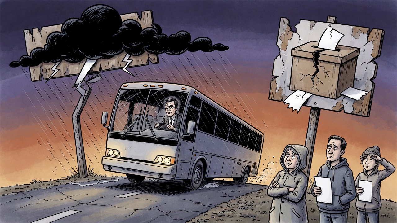 Editorial cartoon of a worried campaign bus driver steering through stormy election weather toward a cracked ballot box