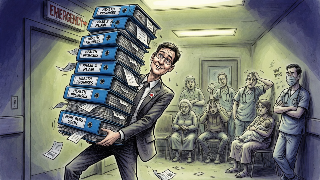 Editorial cartoon of David Eby carrying a towering stack of health-care promise binders into an overcrowded hospital waiting room