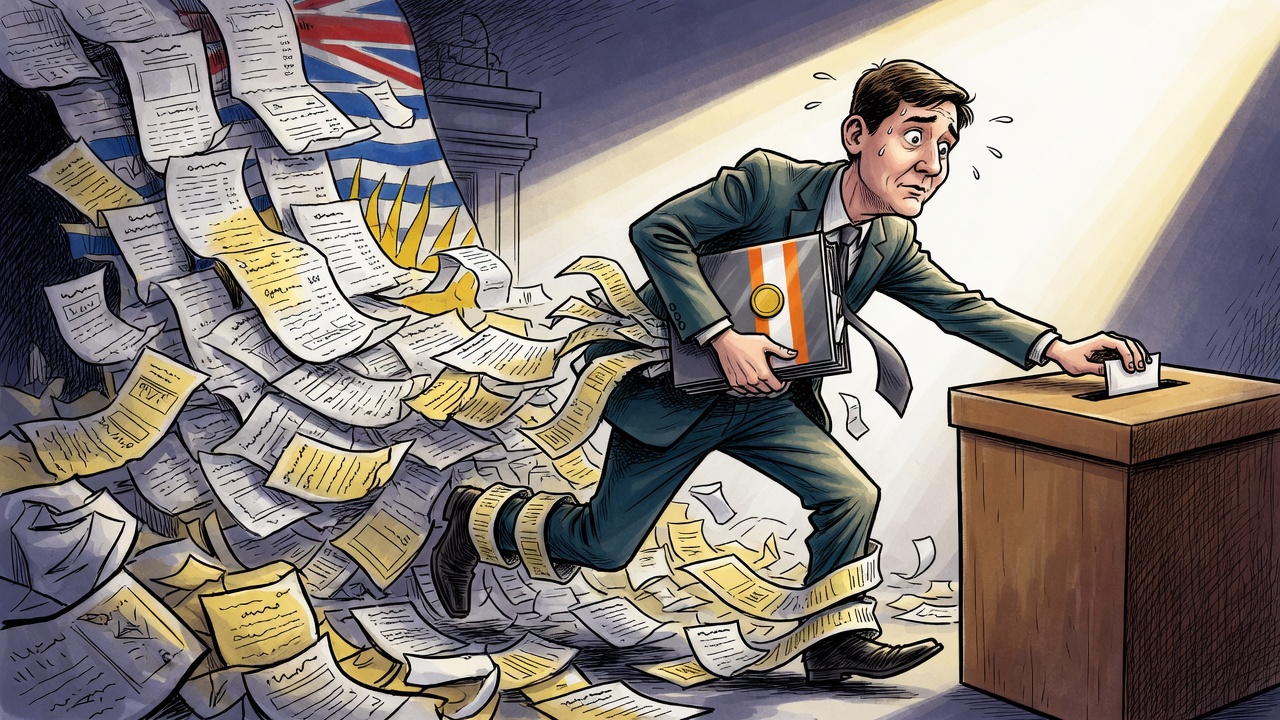 Editorial cartoon of David Eby carrying a new promise binder while an avalanche of old receipts spills behind him