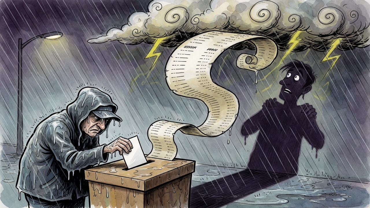 Editorial cartoon of a voter at a rain-soaked ballot box as a giant receipt-like ballot curls into a storm cloud