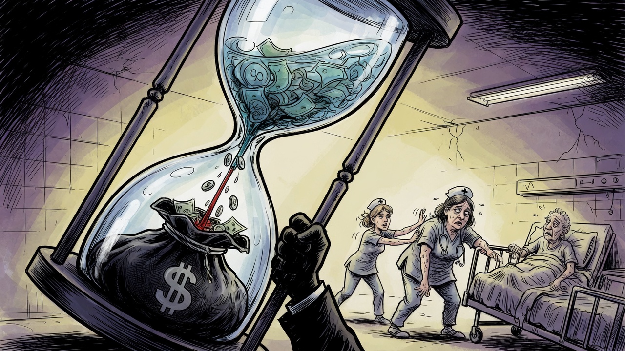 Editorial cartoon of hospital money draining through an hourglass-like IV into a contractor bag while nurses hold up patient beds