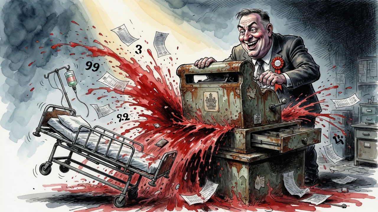Editorial cartoon of a new government figure opening an old cash register as red ink spills toward a hospital gurney