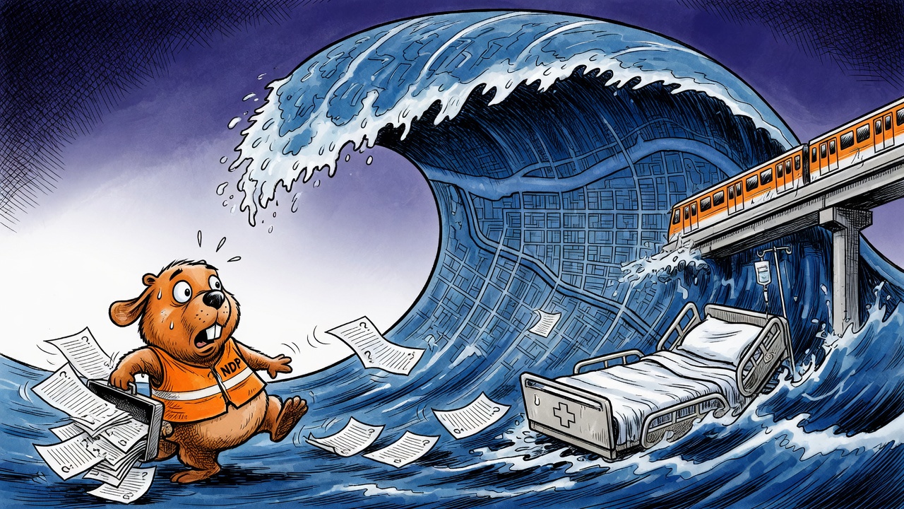 Editorial cartoon of an orange campaign figure dropping promise papers as a blue Surrey-shaped tide reaches a hospital bed and SkyTrain rail