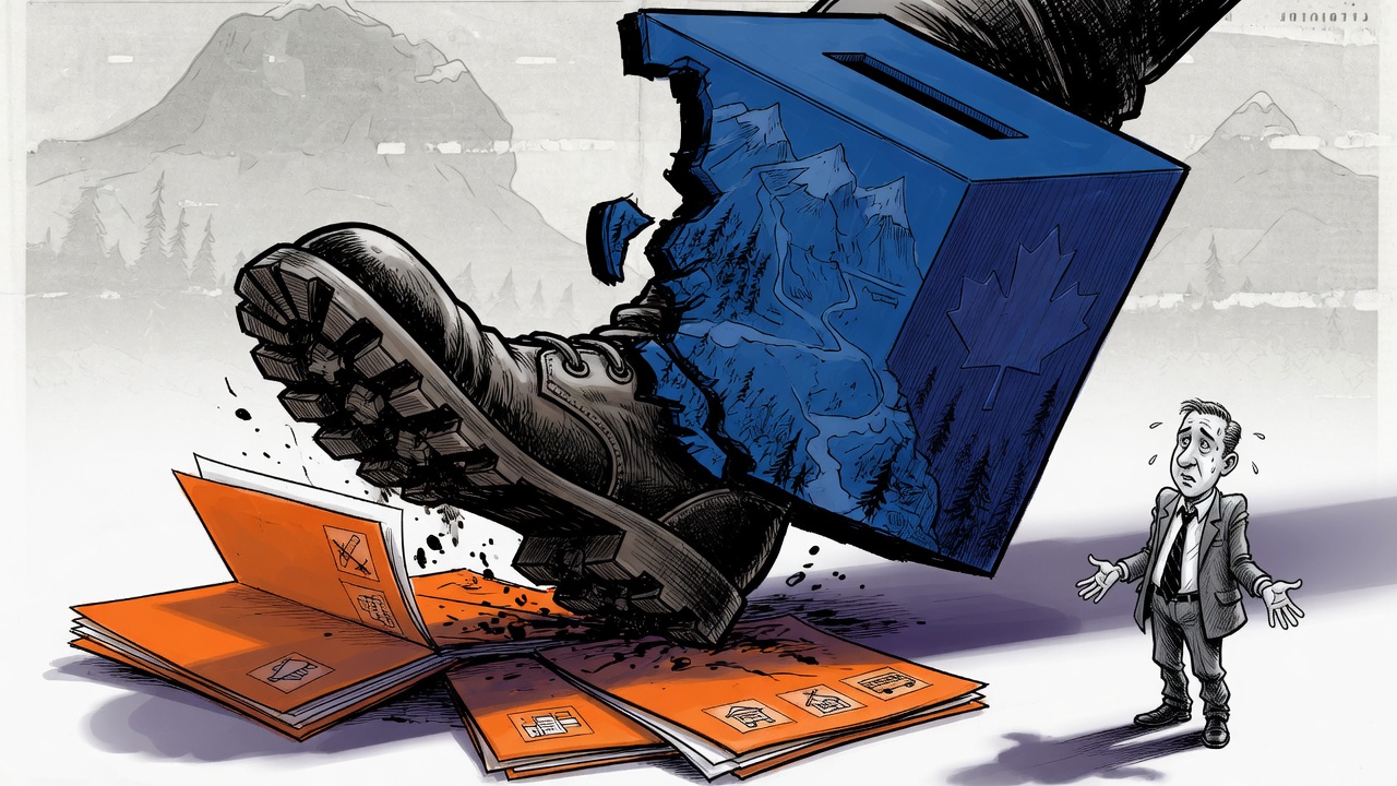 Editorial cartoon of a blue Interior and Northern B.C. ballot box crushing orange policy folders under a logging boot