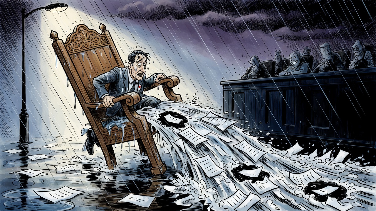 Editorial cartoon of a rain-soaked mandate chair being swept by blank ballots toward an opposition bench