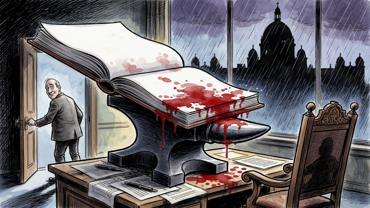Editorial cartoon of a red-ink-stained budget ledger like an anvil on a government desk