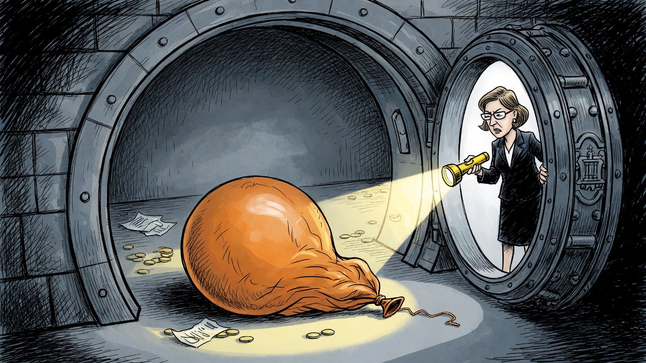 Editorial cartoon of an auditor finding an empty legislature-shaped treasury vault and a deflated orange balloon