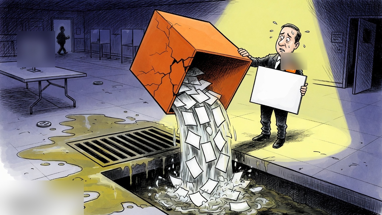Editorial cartoon of an empty polling station and an orange ballot box draining blank ballots into a storm sewer