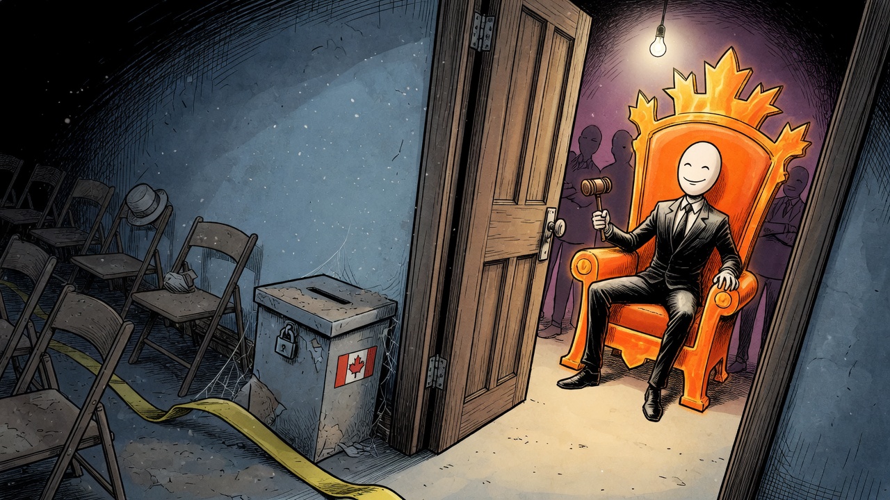 Editorial cartoon of a locked party room with an empty throne and an unused ballot box outside
