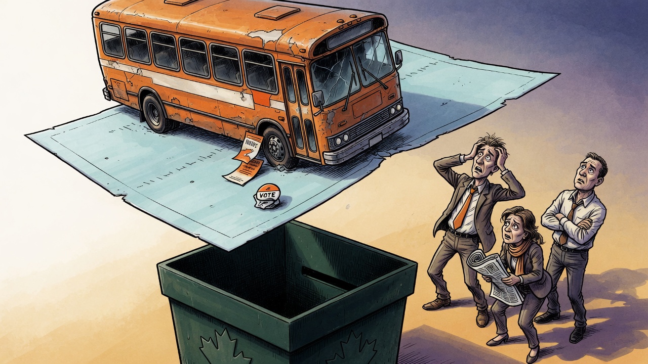Editorial cartoon of a battered campaign bus balanced on a razor-thin ballot edge above a final-count ballot box