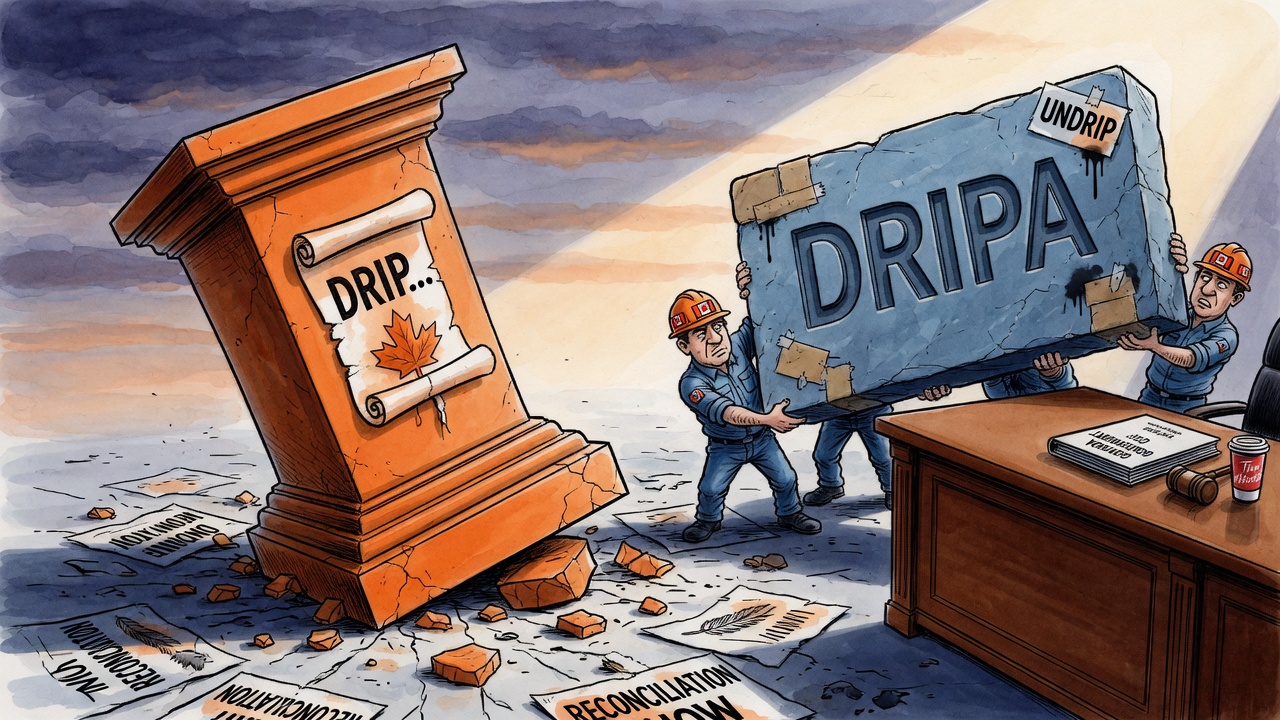 Editorial cartoon showing a heavy DRIPA policy stone being moved from protest ground onto a government agenda desk