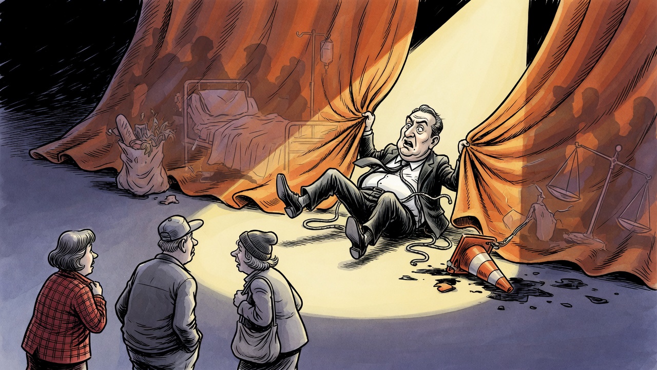 Editorial cartoon of a former premier tangled in a giant campaign curtain while voters walk away