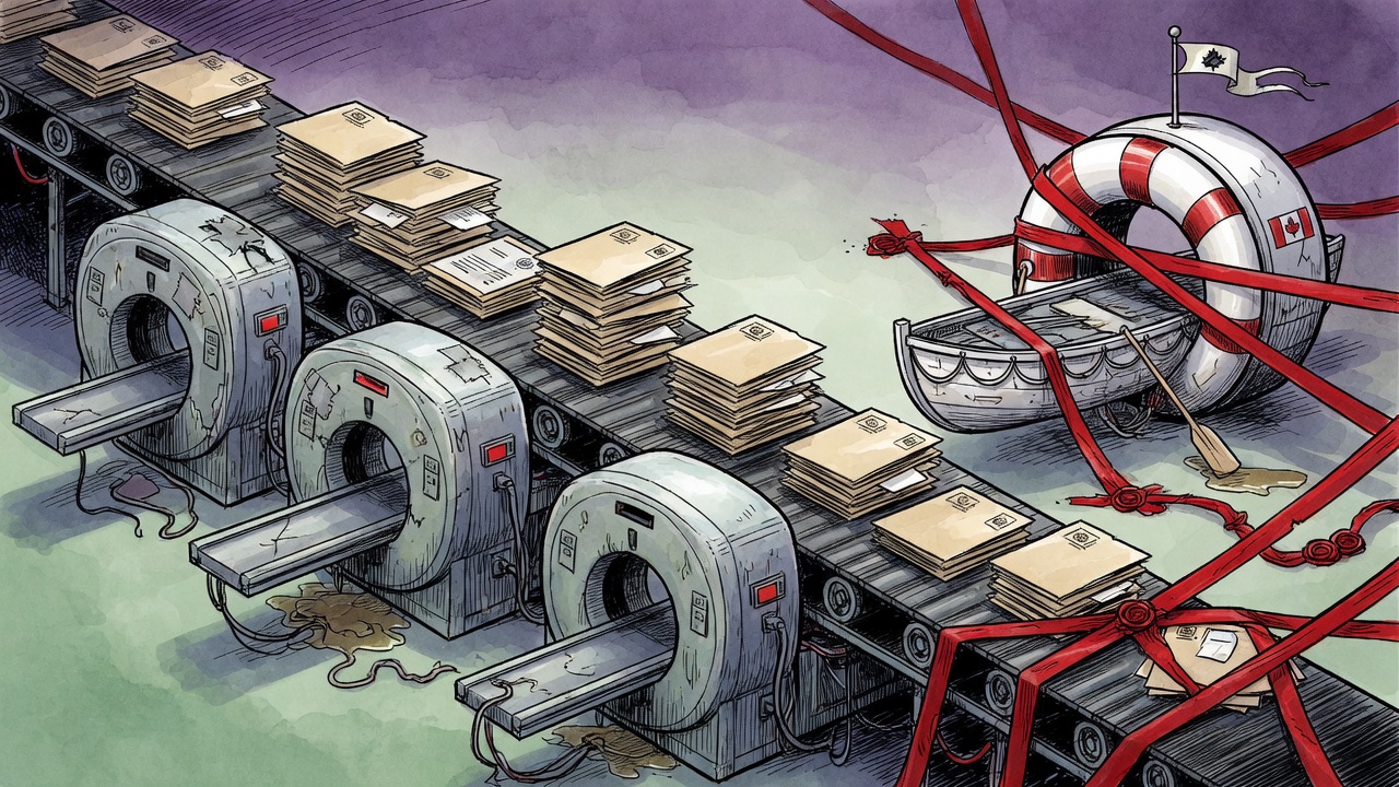 Editorial cartoon of cancer scan referrals moving toward overloaded PET scanners while another scanner is trapped behind red tape