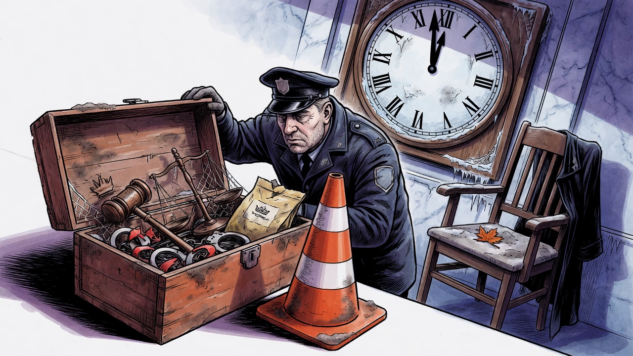 Editorial cartoon of a police officer opening a dusty legal toolbox beside a jammed courthouse clock and empty prosecutor chair