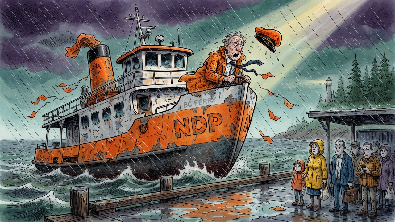 Editorial cartoon of a storm-battered coastal ferry losing its captain as commuters wait at the dock