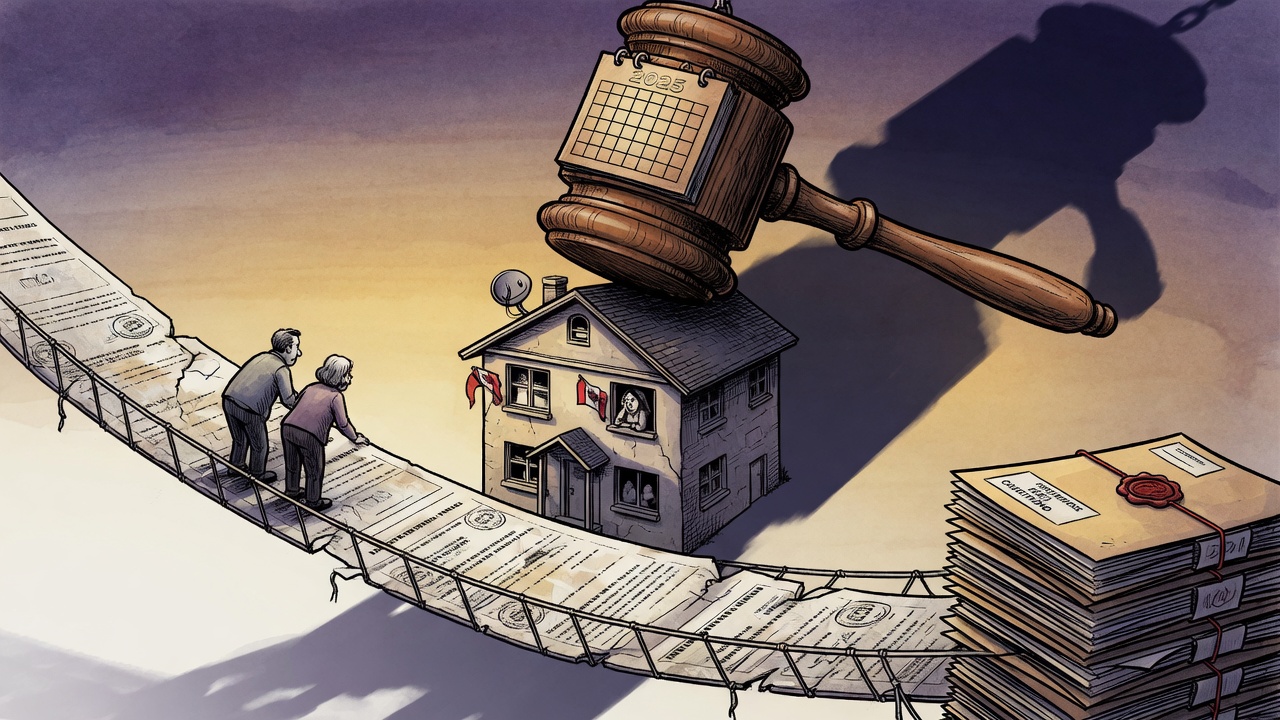 Editorial cartoon of a courthouse shadow looming over a suburban home and fragile property papers