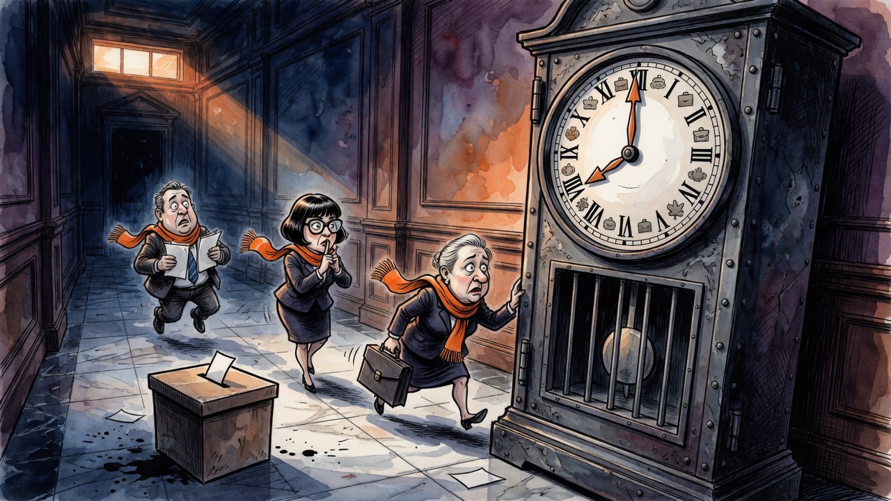 Editorial cartoon of politicians moving past a ballot box under a giant pension clock