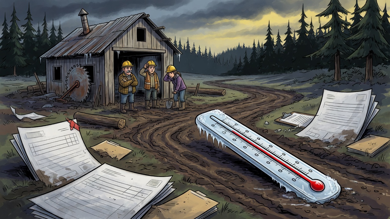 Editorial cartoon of a small rural sawmill stranded beside a muddy forest road and frozen thermometer