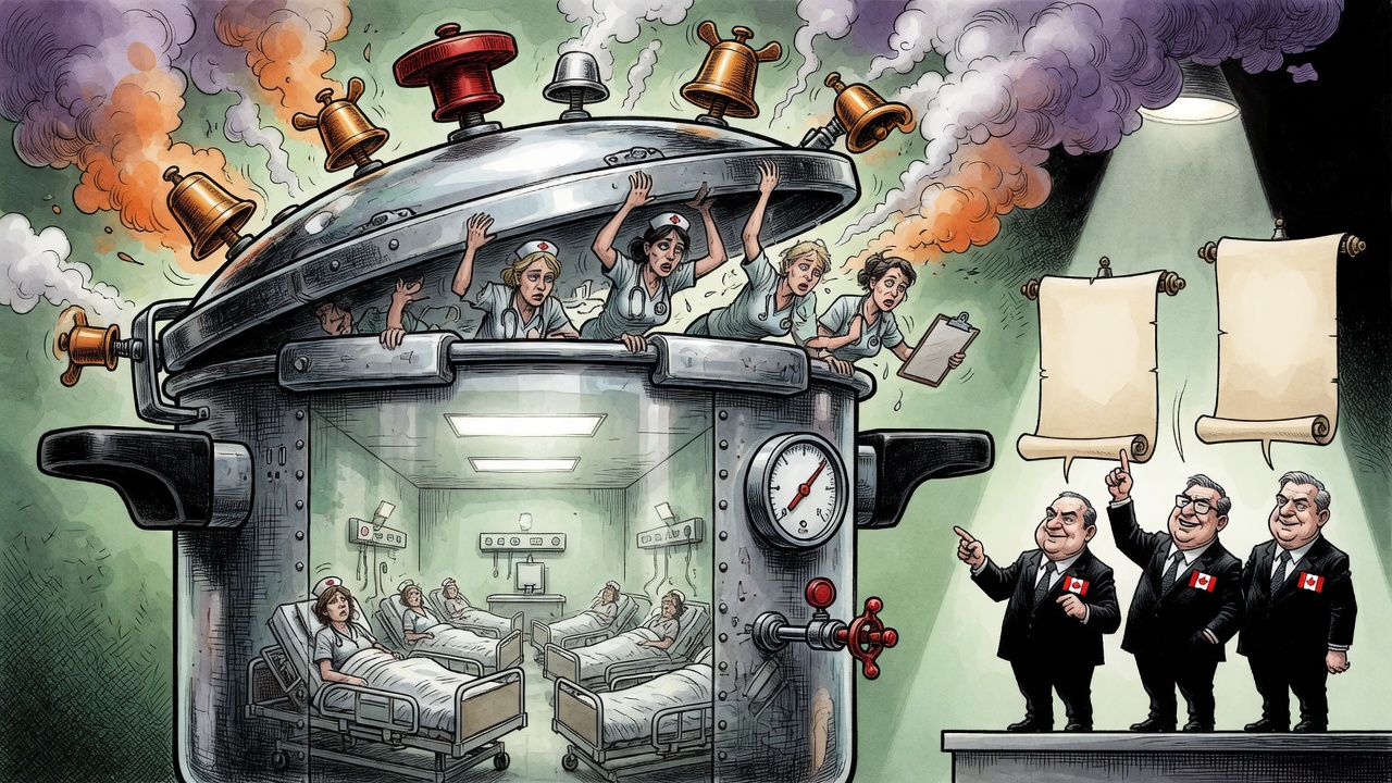 Editorial cartoon of nurses bracing an overloaded hospital pressure cooker while politicians gesture at blank announcement scrolls