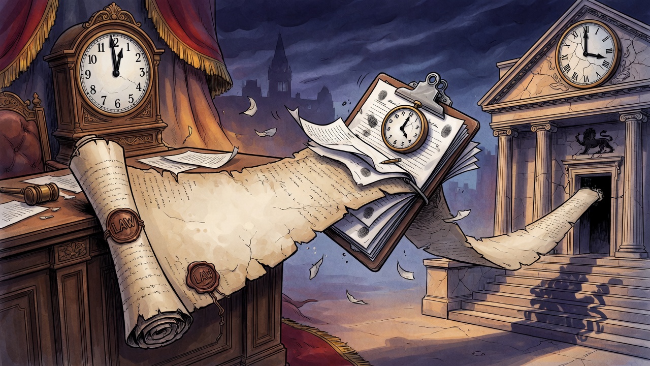 Editorial cartoon of a provincial law scroll caught between three clocks for the legislature, petition and courthouse
