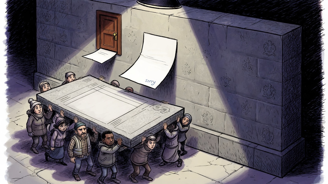 Editorial cartoon of voters carrying a heavy blank invoice outside a closed caucus room